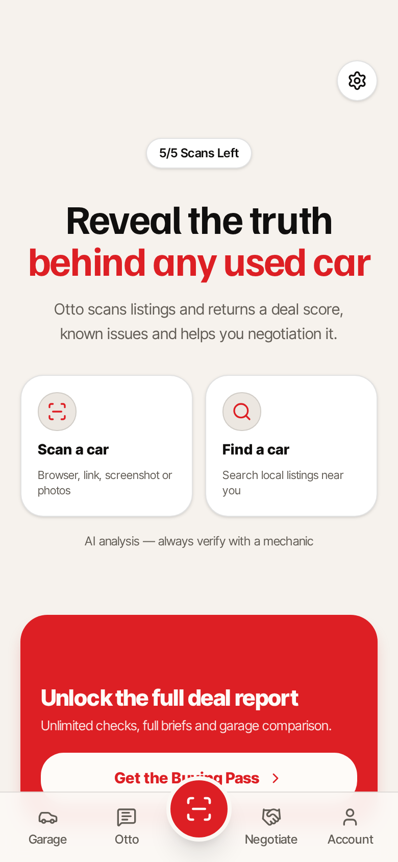 Otto home screen with scan and find options